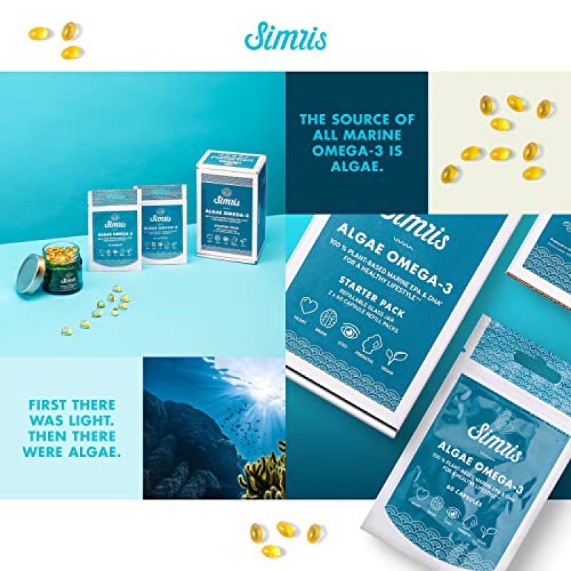 Simris Algae Omega 3. 120 소프트젤 - EPA DHA 식물 기반 비건 오메가3 보충제 - 생선 기름 없음 - 뇌, 관절, 심장 건강용 - DHA 산전 오메가-3 유리병 포함. 개수당 250mg