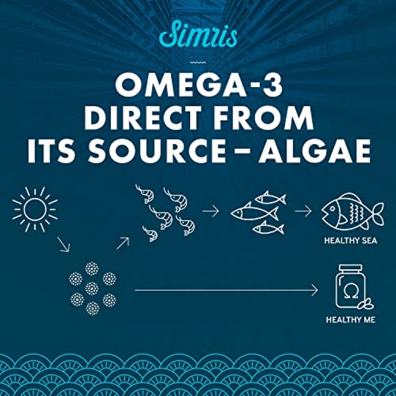 Simris Algae Omega 3. 120 소프트젤 - EPA DHA 식물 기반 비건 오메가3 보충제 - 생선 기름 없음 - 뇌, 관절, 심장 건강용 - DHA 산전 오메가-3 유리병 포함. 개수당 250mg