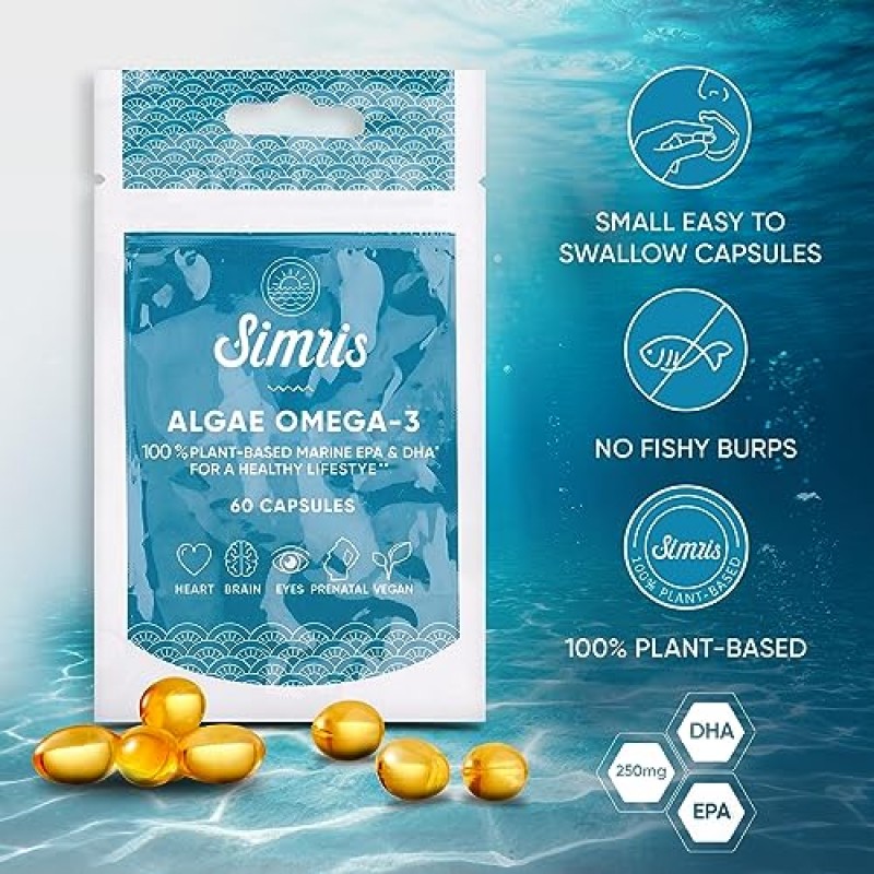 Simris Algae Omega 3. 120 소프트젤 - EPA DHA 식물 기반 비건 오메가3 보충제 - 생선 기름 없음 - 뇌, 관절, 심장 건강용 - DHA 산전 오메가-3 유리병 포함. 개수당 250mg