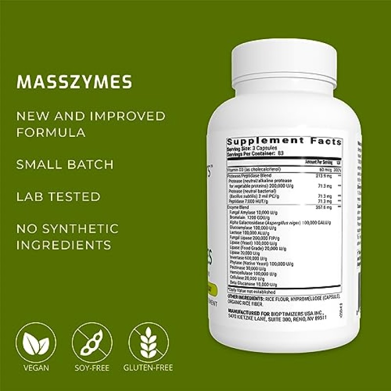 BiOptimizers MassZymes - 장 건강을 위한 완전한 소화 효소 보충제 - 남성과 여성을 위한 복부 팽만감 완화 - 리파제 아밀라제 브로멜라인 소화 효소(250캡슐)