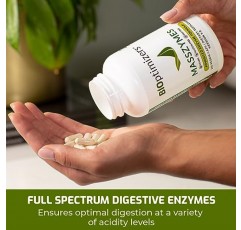 BiOptimizers MassZymes - 장 건강을 위한 완전한 소화 효소 보충제 - 남성과 여성을 위한 복부 팽만감 완화 - 리파제 아밀라제 브로멜라인 소화 효소(250캡슐)