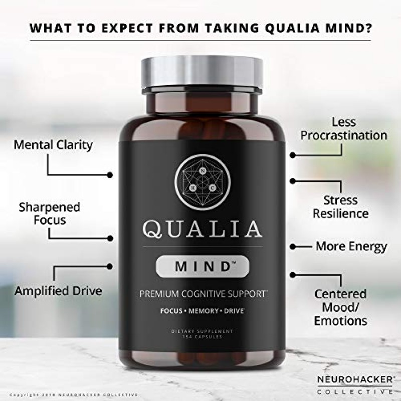 NEUROHACKER COLLECTIVE Qualia Mind Nootropics | 은행나무, 알파 GPC, 바코파 몬니에리, DHA 등이 함유된 기억력, 집중력 및 집중력을 위한 최고의 뇌 보충제 캡슐(154Ct)