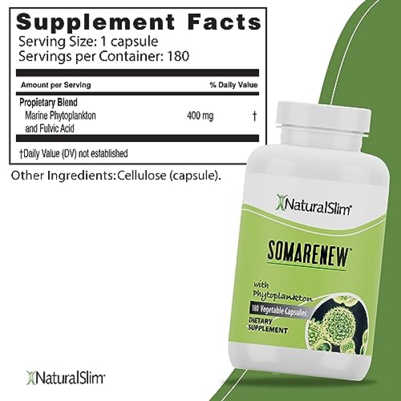 NaturalSlim Somarenew 대사 부스터, 에너지 보충제 및 천연 클렌저 - 해양 식물성 플랑크톤(오메가 3) 및 블랙 풀빅산이 함유된 슈퍼푸드 및 완전한 영양 캡슐 - 180 캡슐