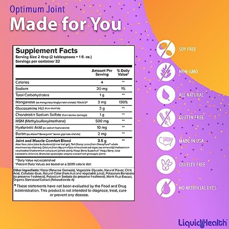 LIQUIDHEALTH 최적의 관절 지원 보충제 글루코사민 콘드로이틴 MSM 히알루론산 - 3중 강화 액체 비타민, 글루텐 프리, 무설탕, 유제품 프리, 콩 프리 관절 주스(4팩)