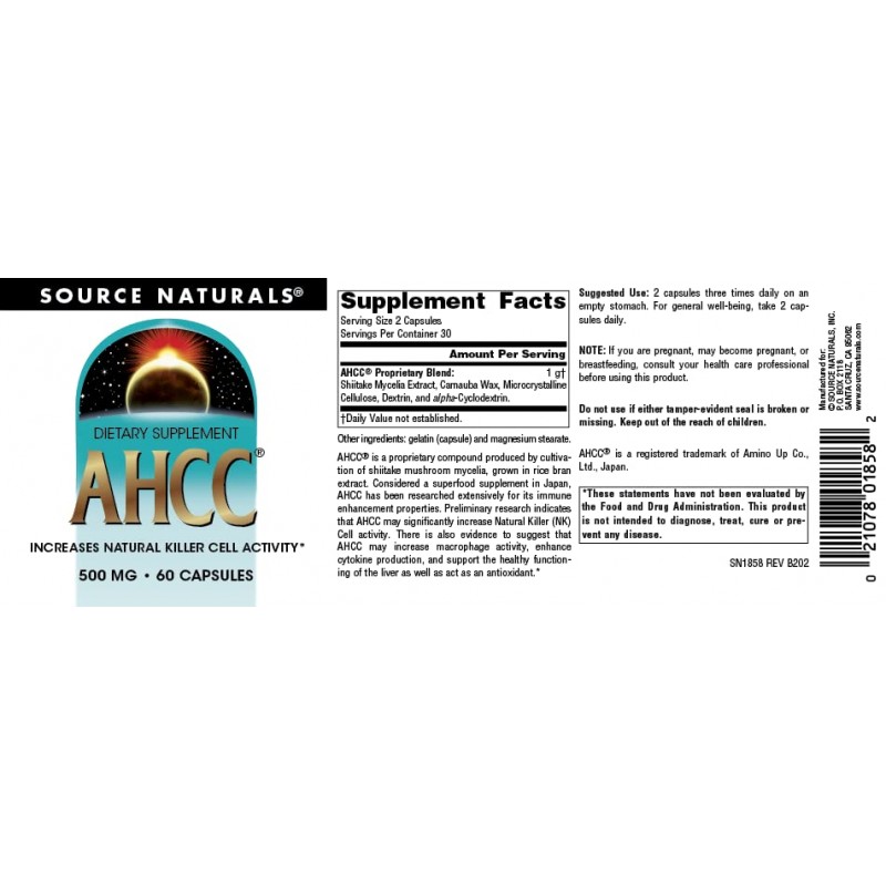 Source Naturals AHCC 500 mg은 자연 살해 세포 활동을 증가시킵니다 - 60 캡슐