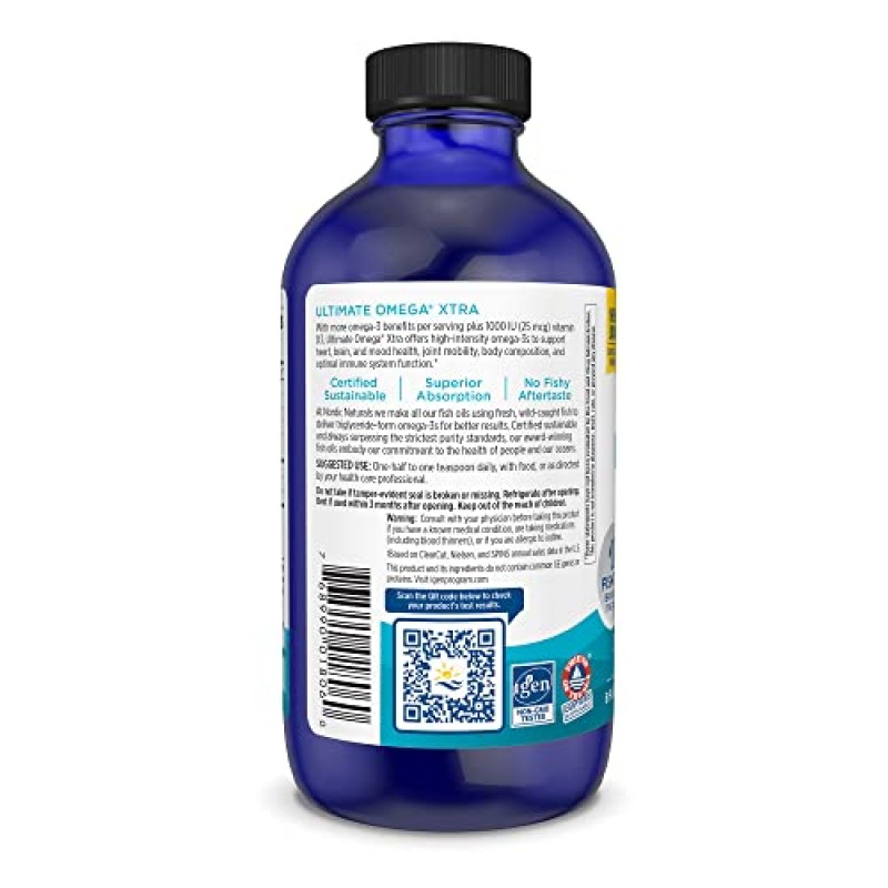 Nordic Naturals Ultimate Omega Xtra Liquid, 레몬 맛 - 8온스 - 3400mg 오메가-3 + 1000IU 비타민 D3 - 오메가-3 어유 - EPA 및 DHA - 뇌, 심장, 관절 및 면역 건강 - 유전자 변형 성분 없음 - 48회분