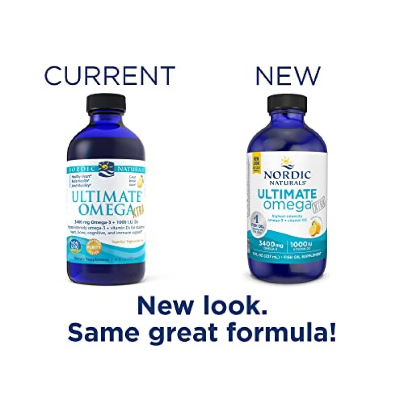 Nordic Naturals Ultimate Omega Xtra Liquid, 레몬 맛 - 8온스 - 3400mg 오메가-3 + 1000IU 비타민 D3 - 오메가-3 어유 - EPA 및 DHA - 뇌, 심장, 관절 및 면역 건강 - 유전자 변형 성분 없음 - 48회분