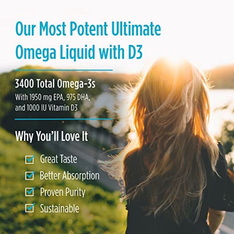 Nordic Naturals Ultimate Omega Xtra Liquid, 레몬 맛 - 8온스 - 3400mg 오메가-3 + 1000IU 비타민 D3 - 오메가-3 어유 - EPA 및 DHA - 뇌, 심장, 관절 및 면역 건강 - 유전자 변형 성분 없음 - 48회분