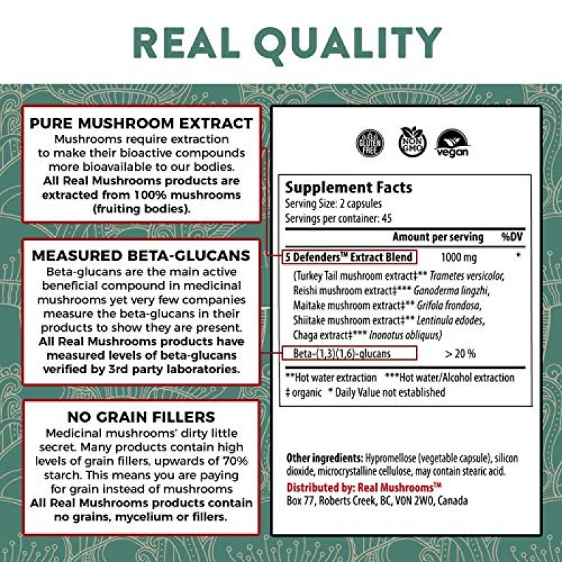 진짜 버섯 에르고티오네인(60ct) 및 5개 디펜더(200ct) 번들 - 칠면조 꼬리, 표고버섯, 영지버섯, 차가버섯, 잎새버섯, 굴 함유 - 천연 장수 및 면역력 - 비건, 글루텐 프리, 유전자 변형 성분 없음