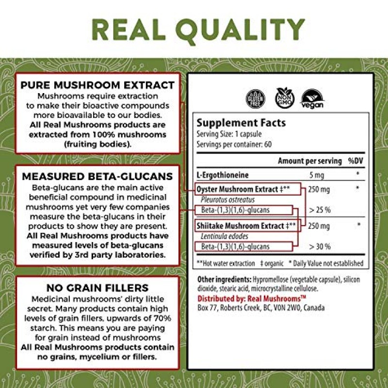 진짜 버섯 에르고티오네인(60ct) 및 5개 디펜더(200ct) 번들 - 칠면조 꼬리, 표고버섯, 영지버섯, 차가버섯, 잎새버섯, 굴 함유 - 천연 장수 및 면역력 - 비건, 글루텐 프리, 유전자 변형 성분 없음