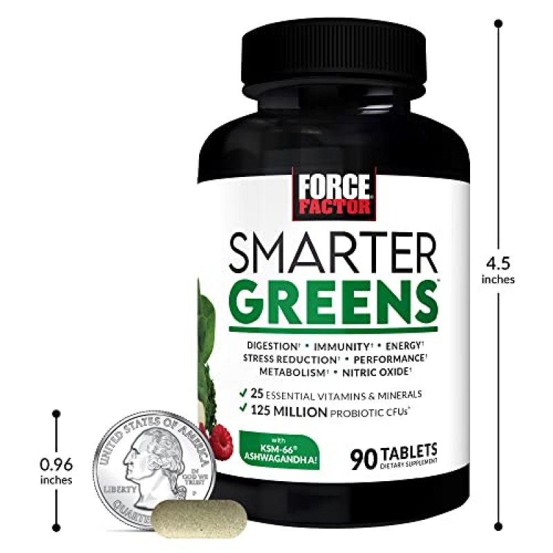 FORCE FACTOR Smarter Greens 정제, 2팩, 소화 개선, 스트레스 감소, 면역력 강화 및 신진대사 지원을 위한 25가지 이상의 슈퍼푸드 및 항산화제가 함유된 녹색 보충제, 180정