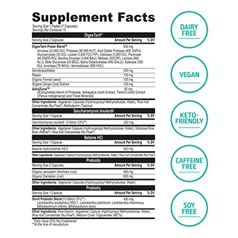 ONNIT Total Gut Health - 여성 및 남성을 위한 완전한 프로바이오틱스 및 소화 효소 보충제 | 5가지 계통의 프로바이오틱스, 프리바이오틱스, 효소, 베타인 HCL