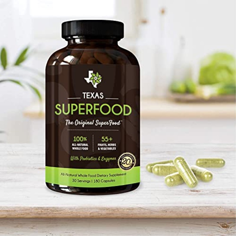 Texas SuperFood - 오리지널 슈퍼푸드 캡슐, 슈퍼푸드 빨강 및 녹색 채소, 천연 전체 식품 건강보조식품, 비 GMO, 글루텐 프리, 비건, 콩 없음, 캡슐 180정