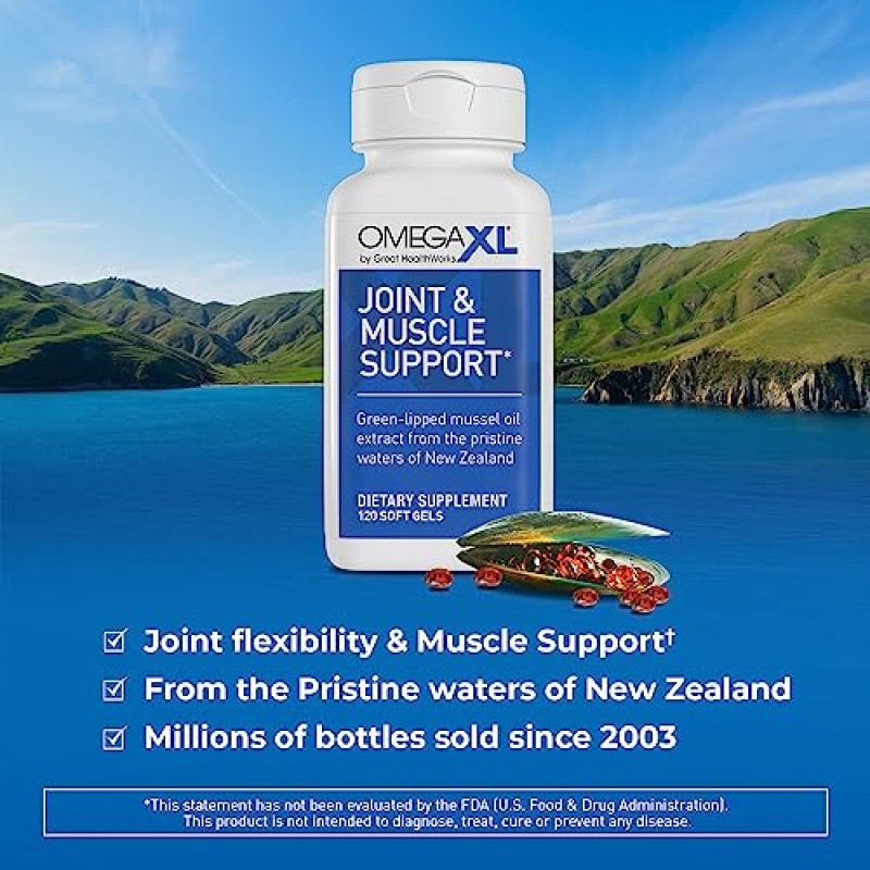 OmegaXL 관절 지원 보조제 - 천연 근육 지원, 녹색 입 홍합 오일, 소프트 젤 알약, 무약품, 120개