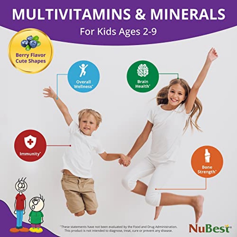 NuBest Tall Kids - 아이들이 건강하게 성장하고 발달하도록 돕습니다. - 면역력 및 뼈 강화 지원 - 2~9-90세 어린이를 위한 종합비타민 및 미네랄 츄어블 베리 정제 | 1.5개월분