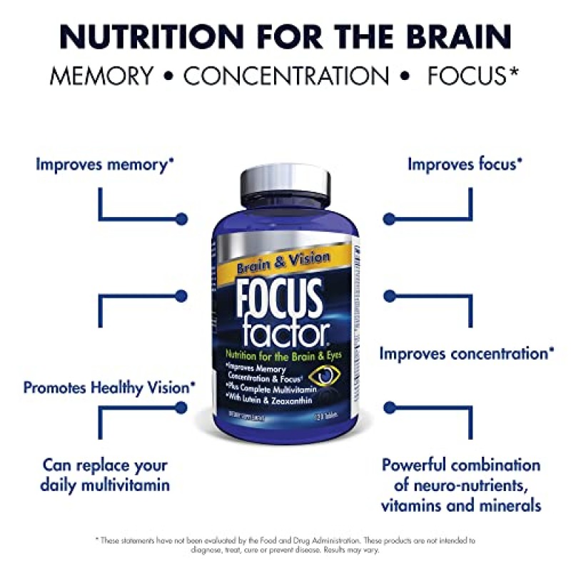 Focus Factor 성인 두뇌 및 시력 보조제, 120개 함유 - 안구 비타민, 미네랄 보조제, 루테인 및 제아잔틴 함유 종합 비타민제 - 집중력, 집중력, 기억력을 위한 두뇌 보조제(3팩)