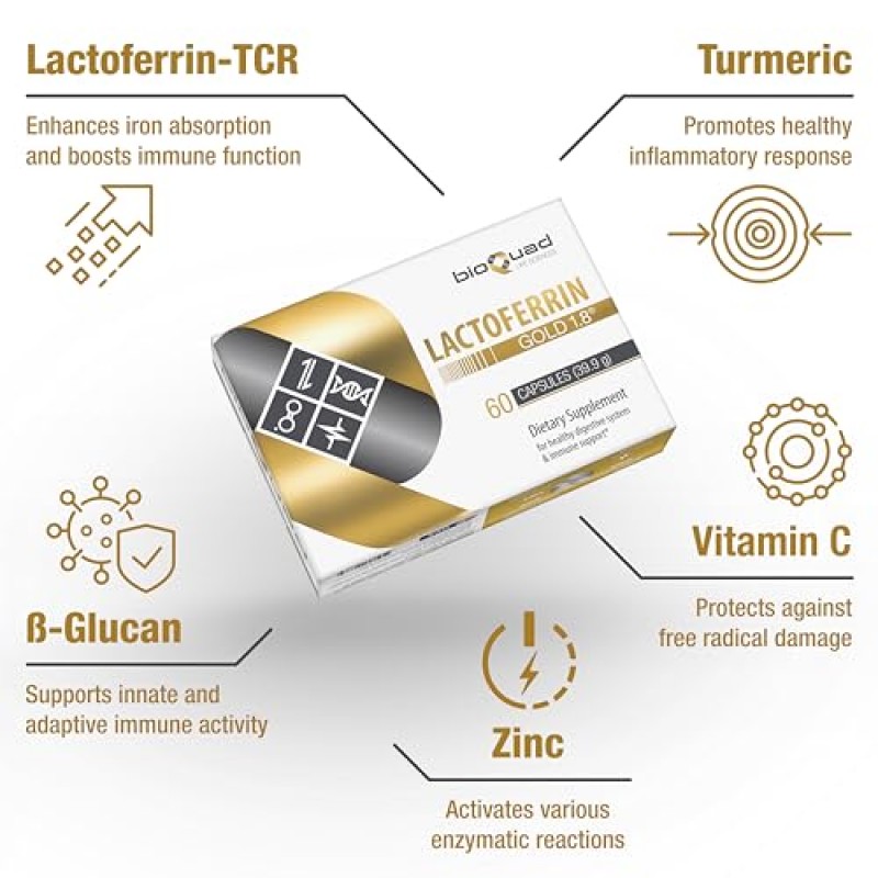 bioQuad 락토페린 골드 1.8 - 면역 지원, 소화기 건강 및 철분 흡수 - 유당 무함유, 글루텐 무함유, 비GMO(60개)