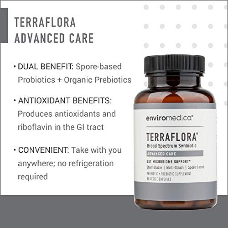 Enviromedica Terraflora Advanced Care SBO 프로바이오틱 + 프리바이오틱 보충제 - 특허 받은 PreforPro 파지 복합체(60ct)가 포함된 토양 기반 상온의 안정적인 바실러스 포자 신바이오틱