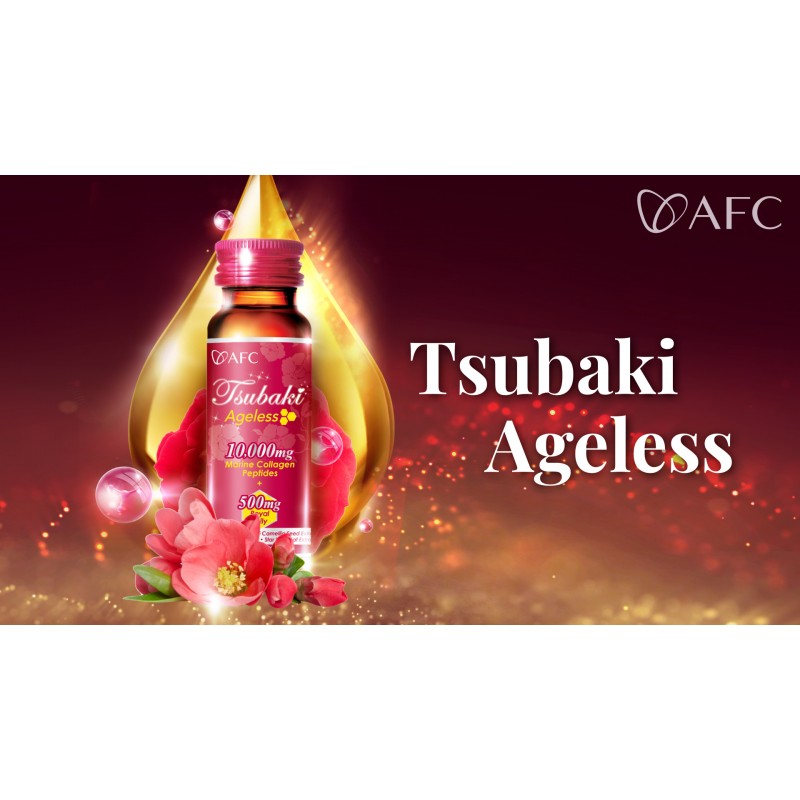 AFC Japan Tsubaki 에이지리스 뷰티 콜라겐 드링크(일본산) 10,000mg 마린 콜라겐 펩타이드 + 500mg 로얄 젤리 + 히알루론산 + 피부 재생을 위한 비타민 Bs & C 1.69fl.ozx10sx3