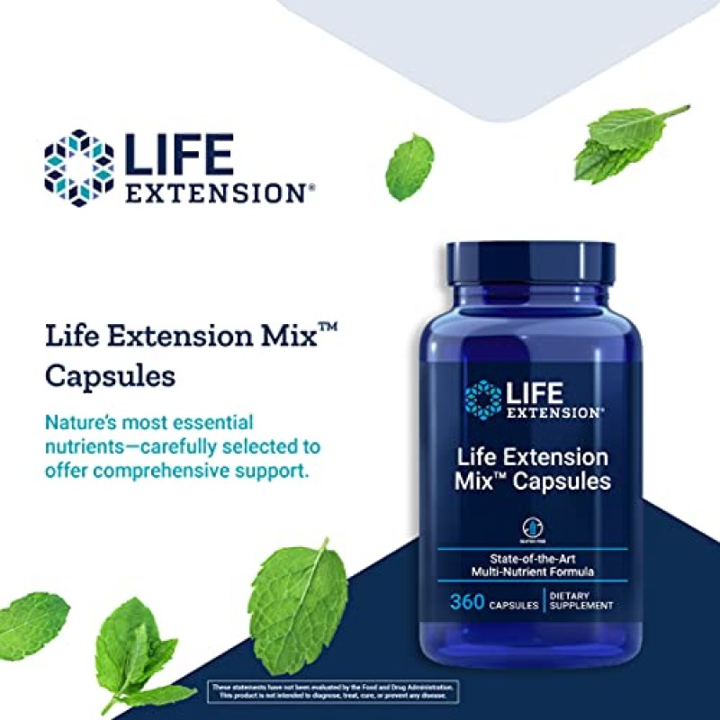 Life Extension Mix™ 캡슐 - 고효능 비타민, 미네랄, 과일 및 야채 보충제 - 전신 건강 지원 및 장수를 위한 완벽한 일일 채소 혼합 - 글루텐 없음 - 360 캡슐