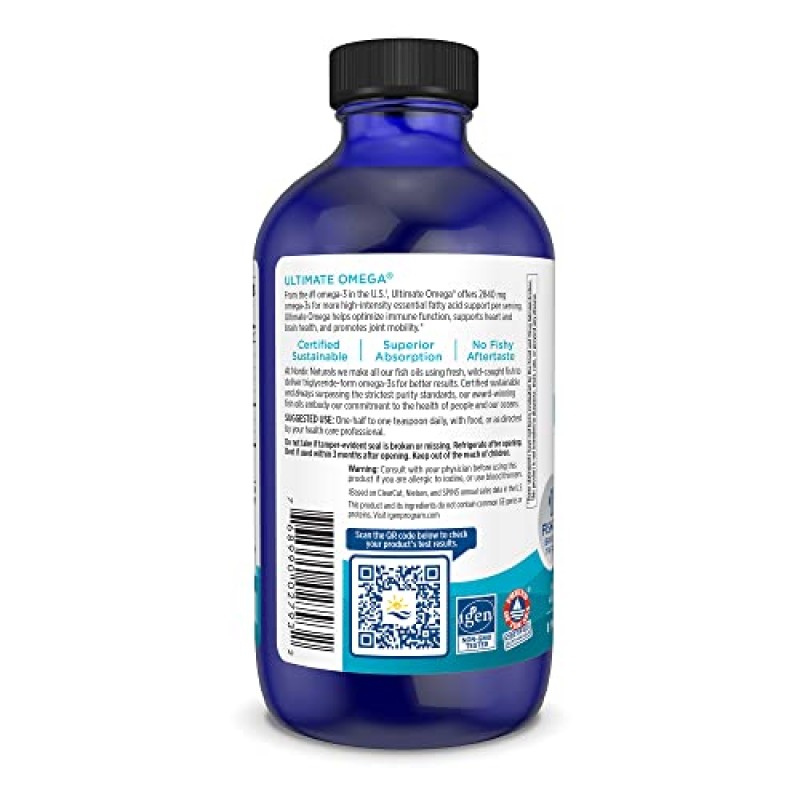 Nordic Naturals Ultimate Omega Liquid, 레몬 맛 - 8온스 - 2840mg 오메가-3 - EPA 및 DHA가 함유된 고효능 오메가-3 생선 기름 보충제 - 뇌 및 심장 건강 증진 - 유전자 변형 성분 없음 - 48회분