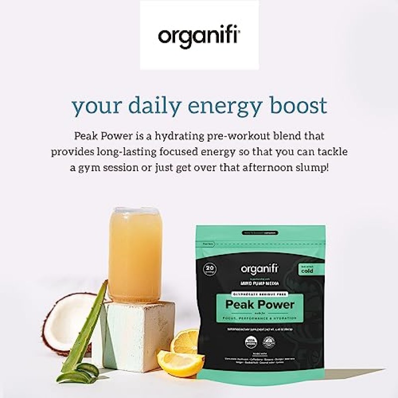 Organifi Peak Power, 사자 갈기 및 과유사 함유로 수분 공급을 지원하는 운동 전 파우더