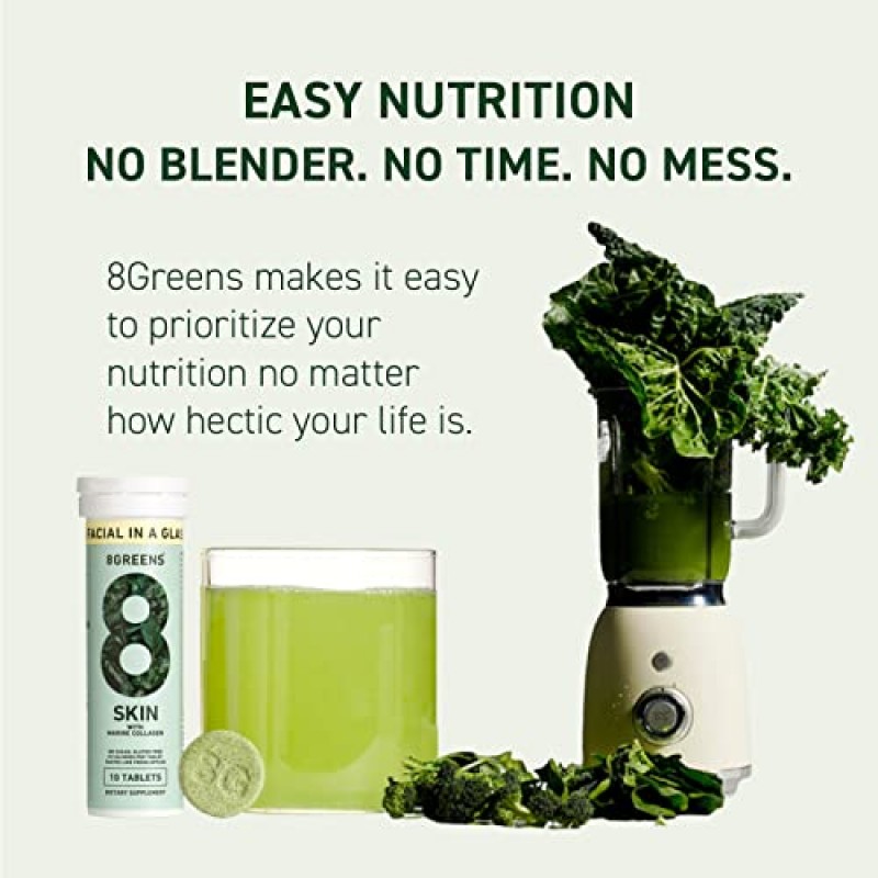 8Greens Daily Greens 피부 발포성 정제 - 건강한 피부, 모발 및 손톱용, 해양 콜라겐 및 비오틴, 비타민 C, 사과 맛으로 제조, 6팩
