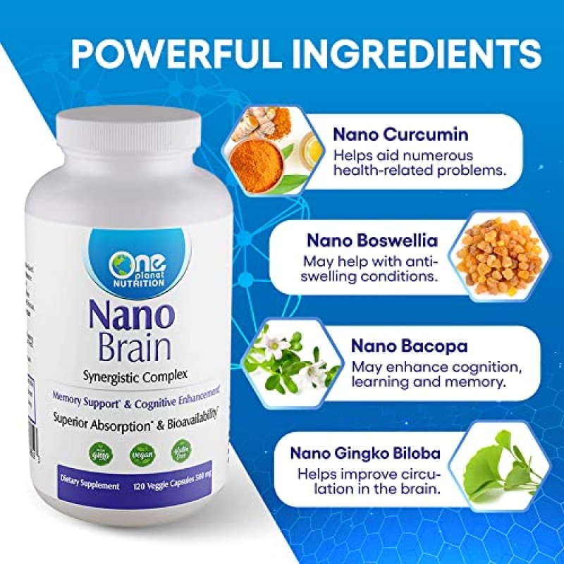 One Planet Nutrition 나노 바코파, 나노 커큐민, 나노 보스웰리아 및 나노 은행나무 빌로바가 함유된 나노 두뇌 지원 - 두뇌 및 기억력 지원, 쉬운 흡수, 두뇌 영양 - 120 식물성 캡슐, 500mg