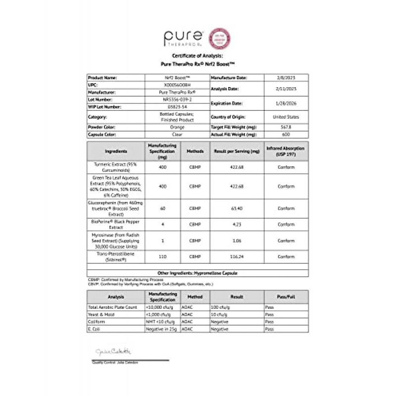 Pure Therapro Rx Nrf2 Boost - 설포라판, 트루브록, 커큐민, 녹차, 트랜스-프테로스틸벤, 산화 스트레스를 감소시키는 항산화 보충제가 함유된 NRF-2 활성제, 미국산(비건 캡슐 60개)