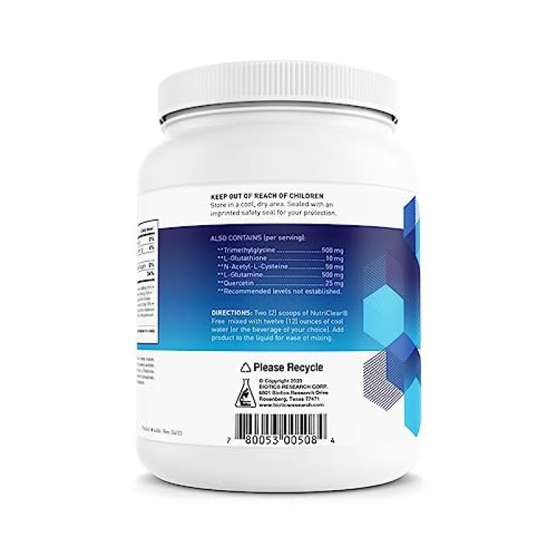 Biotics Research NutriClear ® Free – 사용하기 쉬운 파우더. 해독 및 대사 제거를 위한 영양 지원. 글루타티온. NAC. 1회 제공량당 유기농 완두콩 단백질 17g. 중쇄 트리글리세리드