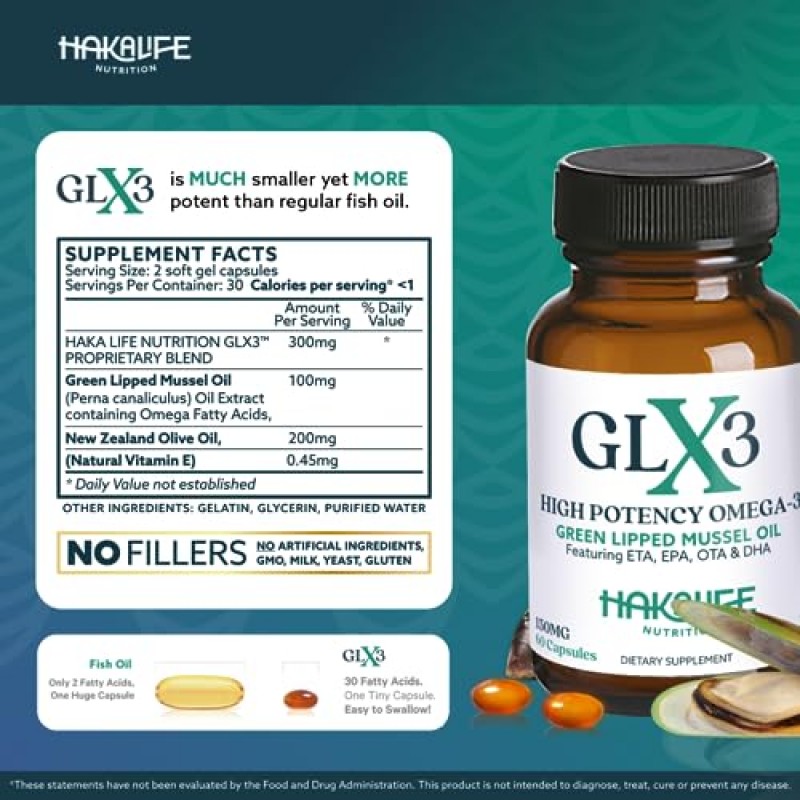 GLX3 엑스트라 스트렝스 초록입 홍합 오일 캡슐 - 오래 지속되는 관절 편안함 보조제 - 통증, 통증 지원 - 천연 오메가 3 및 콘드로이틴 황산염 6 팩 풍부