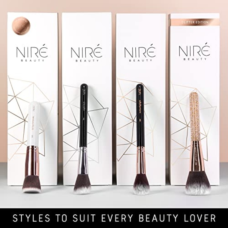Niré Beauty 15피스 수상 경력 전문 메이크업 브러쉬 세트: 비건 메이크업 브러쉬 케이스, 메이크업 스펀지, 브러쉬 클리너, 가이드, 선물 상자