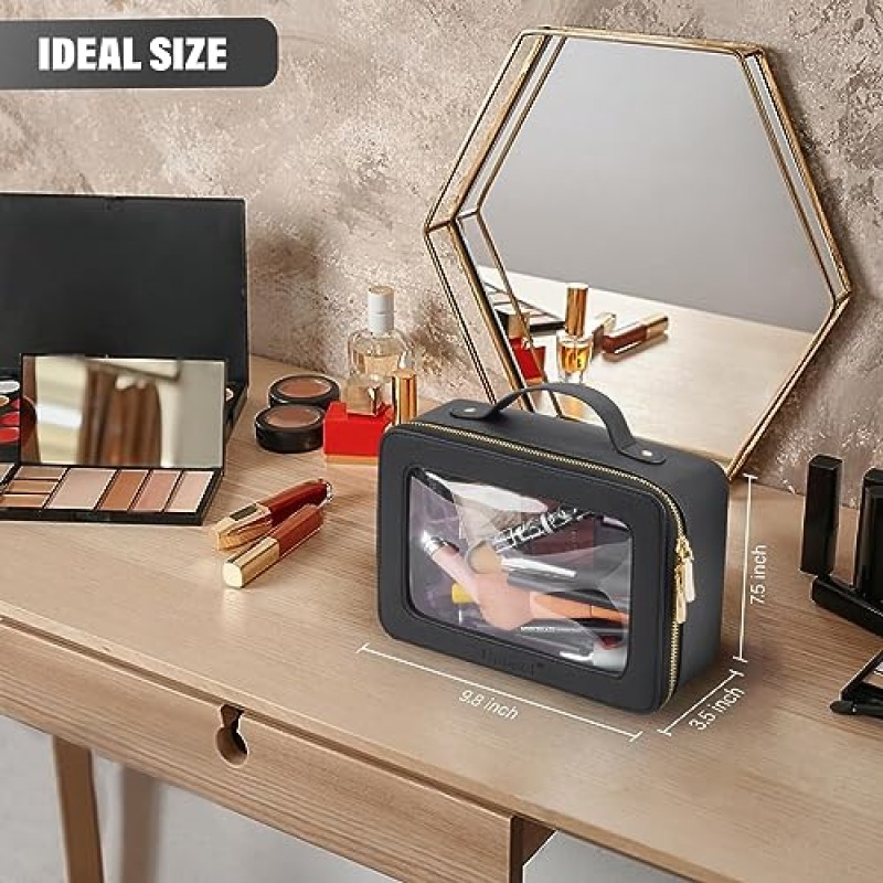 여성용 Hoosel 투명 메이크업 가방 주최자, 손잡이가 있는 여행용 화장품 케이스용 투명 세면용품 가방 선물용 휴대용 메이크업 보관함, 블랙