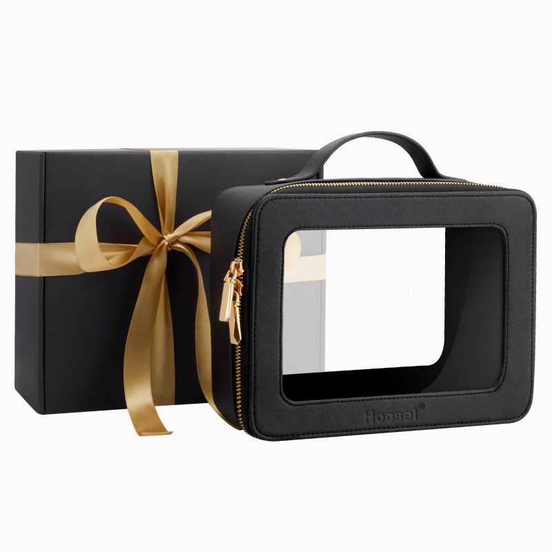 여성용 Hoosel 투명 메이크업 가방 주최자, 손잡이가 있는 여행용 화장품 케이스용 투명 세면용품 가방 선물용 휴대용 메이크업 보관함, 블랙
