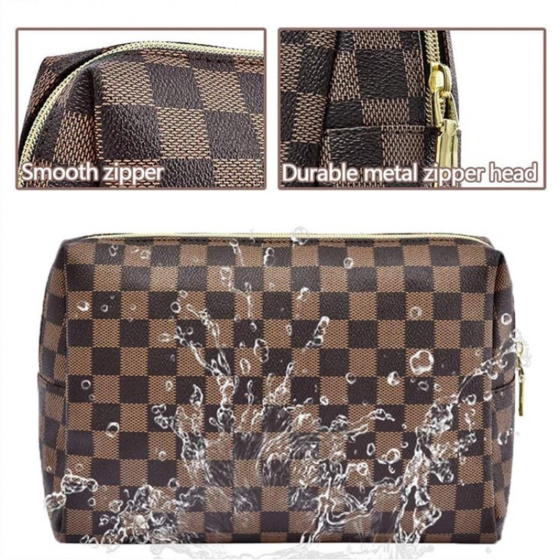 BAGCRAZY 체크 무늬 메이크업 가방, Portabel 가죽 대형 화장품 가방, 여성용 대용량 여행용 화장품 가방 2팩, 경량 디자인 및 방수 세면도구 가방 크리스마스 할로윈 선물