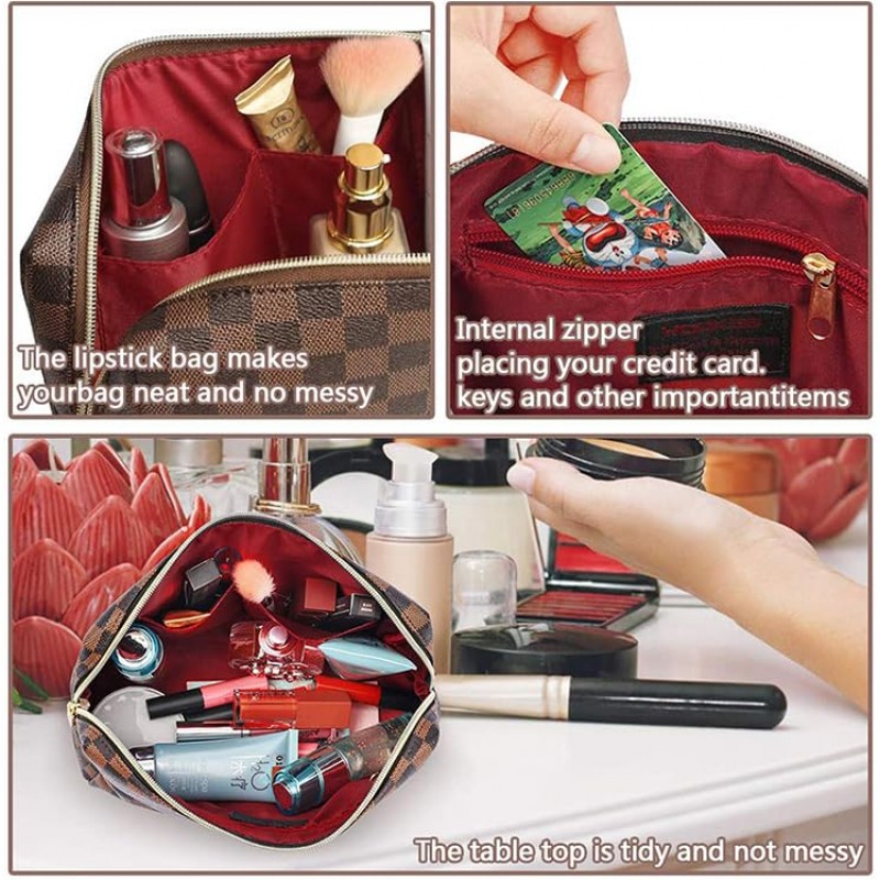 BAGCRAZY 체크 무늬 메이크업 가방, Portabel 가죽 대형 화장품 가방, 여성용 대용량 여행용 화장품 가방 2팩, 경량 디자인 및 방수 세면도구 가방 크리스마스 할로윈 선물