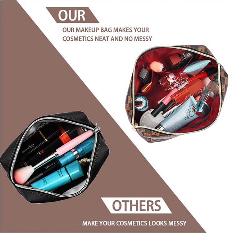 BAGCRAZY 체크 무늬 메이크업 가방, Portabel 가죽 대형 화장품 가방, 여성용 대용량 여행용 화장품 가방 2팩, 경량 디자인 및 방수 세면도구 가방 크리스마스 할로윈 선물