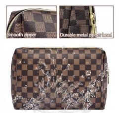 BAGCRAZY 체크 무늬 메이크업 가방, Portabel 가죽 대형 화장품 가방, 여성용 대용량 여행용 화장품 가방 2팩, 경량 디자인 및 방수 세면도구 가방 크리스마스 할로윈 선물