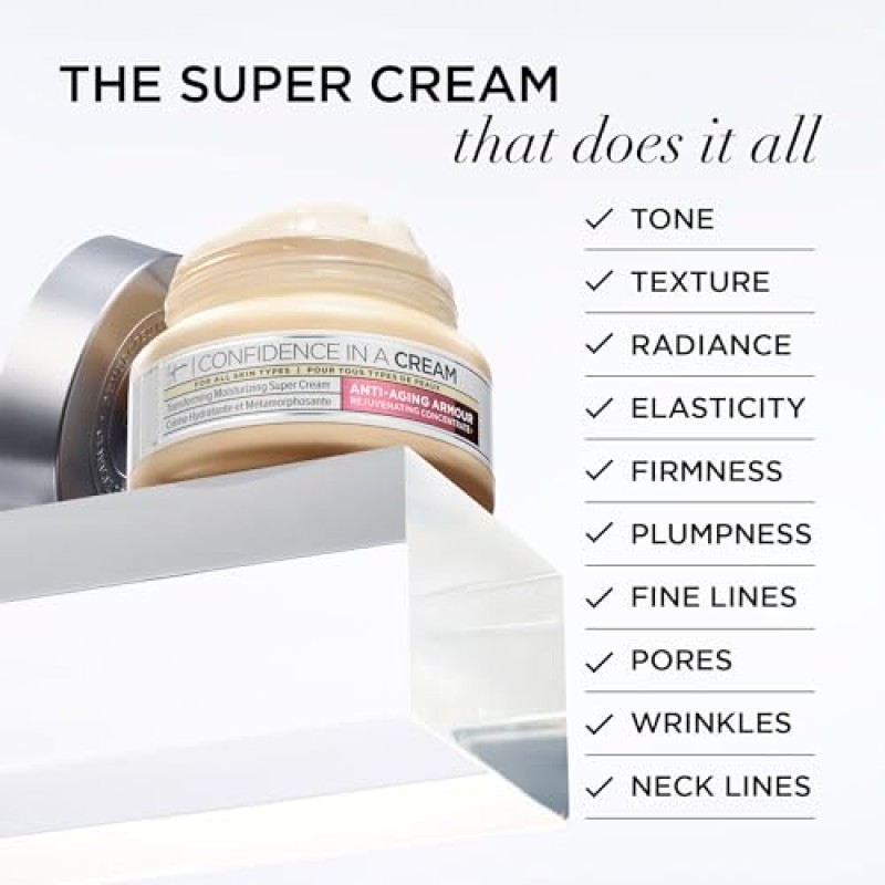 IT Cosmetics Confidence in a Cream 안티 에이징 페이스 모이스처라이저 – 2주 만에 잔주름, 주름, 노화 피부 징후를 눈에 띄게 감소, 히알루론산, 나이아신아마이드가 함유된 48HR 수분 공급
