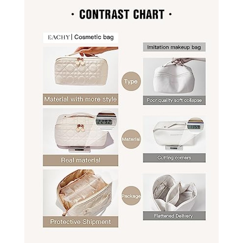 EACHY 여행용 메이크업 가방, 여성용 대용량 화장품 가방, 방수 휴대용 파우치 오픈형 플랫 세면도구 가방 메이크업 정리함(분배기와 손잡이 포함)(퀼트-화이트)