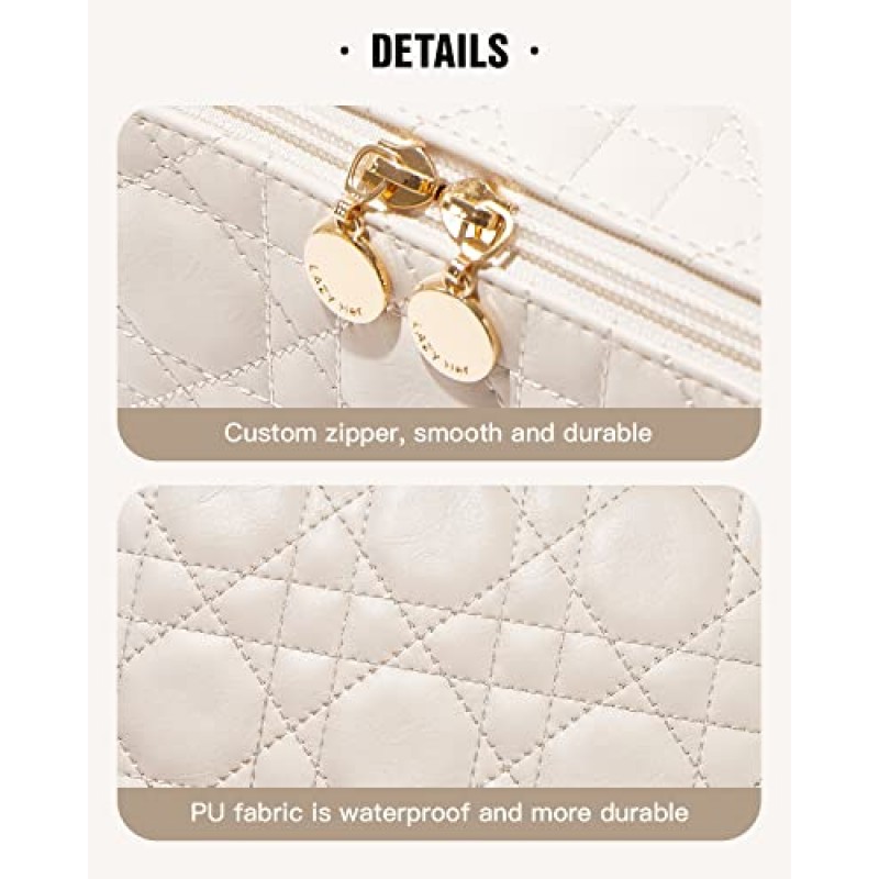 EACHY 여행용 메이크업 가방, 여성용 대용량 화장품 가방, 방수 휴대용 파우치 오픈형 플랫 세면도구 가방 메이크업 정리함(분배기와 손잡이 포함)(퀼트-화이트)