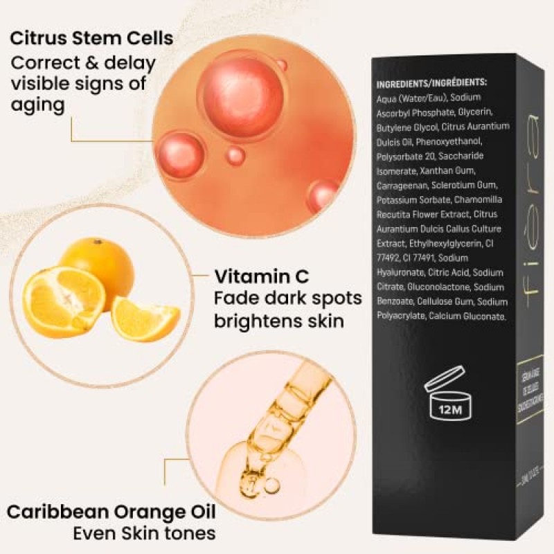 Fièra 비타민 C 세럼, 히알루론산 및 감귤류 줄기 세포 - 얼굴과 눈 부위를 브라이트닝, 퍼밍, 수분 공급하는 안티 에이징 세럼 - 1 FL. 온스. / 30ML