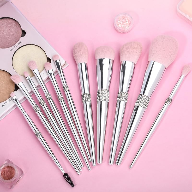 전문 메이크업 브러쉬 세트 럭셔리 11pcs 실버 글리터 크리스탈 메이크업 브러쉬 키트 비건 소프트 합성 헤어 파운데이션 아이섀도 눈썹 립 화장품 브러쉬 세트 소녀를 위한 선물 상자