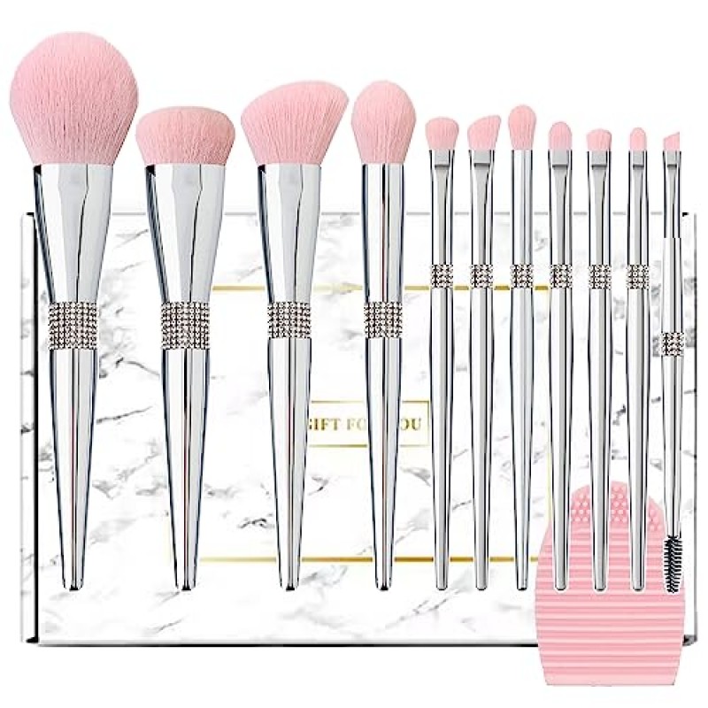 전문 메이크업 브러쉬 세트 럭셔리 11pcs 실버 글리터 크리스탈 메이크업 브러쉬 키트 비건 소프트 합성 헤어 파운데이션 아이섀도 눈썹 립 화장품 브러쉬 세트 소녀를 위한 선물 상자