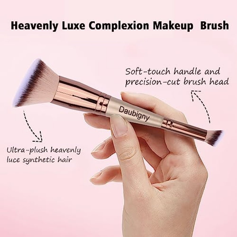 도비니 메이크업 브러쉬 듀얼 엔드 각진 파운데이션 브러쉬 컨실러 브러쉬 어떤 룩에도 완벽함 프리미엄 럭스 헤어 라운드형 테이퍼드 무결점 브러쉬 리퀴드, 크림, 파우더, 블렌딩, 버핑, 컨실러(샴페인 골드)에 이상적