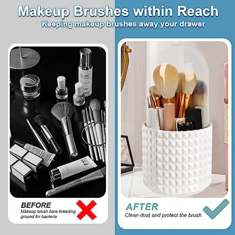 WAFJAMF 뚜껑이 있는 메이크업 브러쉬 주최자 360 회전 메이크업 브러쉬 홀더 화장대 및 욕실용 주최자 5 슬롯 메이크업 브러쉬 컵 - 럭셔리 스타일 - 다이아몬드 - 화이트