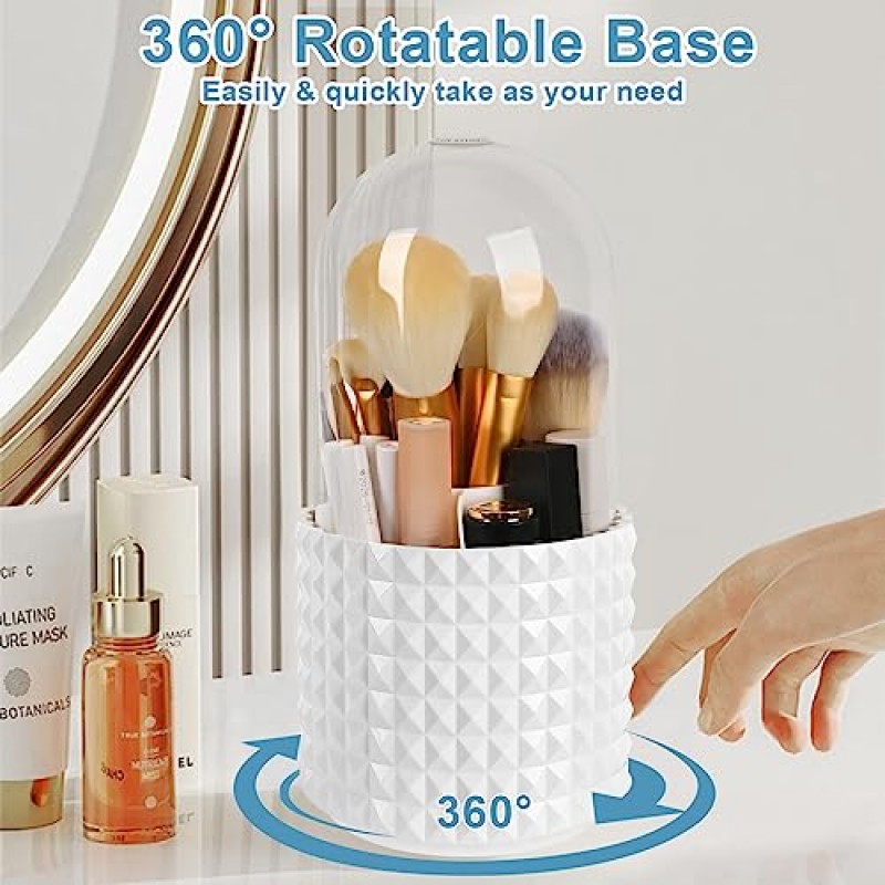 WAFJAMF 뚜껑이 있는 메이크업 브러쉬 주최자 360 회전 메이크업 브러쉬 홀더 화장대 및 욕실용 주최자 5 슬롯 메이크업 브러쉬 컵 - 럭셔리 스타일 - 다이아몬드 - 화이트