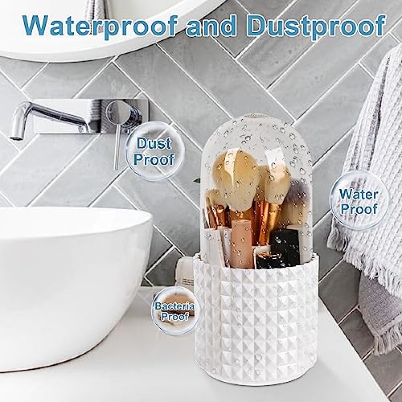 WAFJAMF 뚜껑이 있는 메이크업 브러쉬 주최자 360 회전 메이크업 브러쉬 홀더 화장대 및 욕실용 주최자 5 슬롯 메이크업 브러쉬 컵 - 럭셔리 스타일 - 다이아몬드 - 화이트