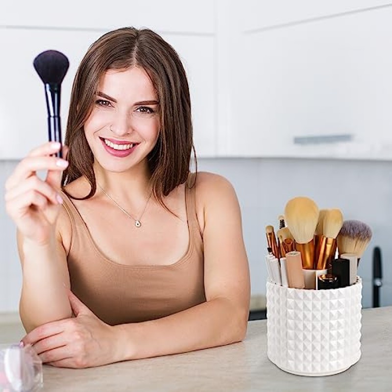 WAFJAMF 뚜껑이 있는 메이크업 브러쉬 주최자 360 회전 메이크업 브러쉬 홀더 화장대 및 욕실용 주최자 5 슬롯 메이크업 브러쉬 컵 - 럭셔리 스타일 - 다이아몬드 - 화이트