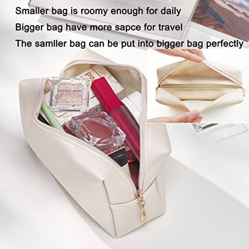 Sohynca 2pcc 세트 여성용 PU 가죽 화장품 가방 일상 사용을 위한 미니멀리즘 메이크업 가방 휴대용 보관 지갑 작고 깔끔한 화장품 파우치 여행용 방수 세면도구 가방(아이보리 화이트)